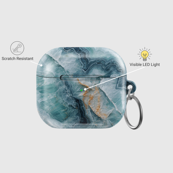 Green marble AirPods case with gold and teal veining, TPU protective shell with keychain ring, compatible with AirPods Pro and Gen 1 2 3