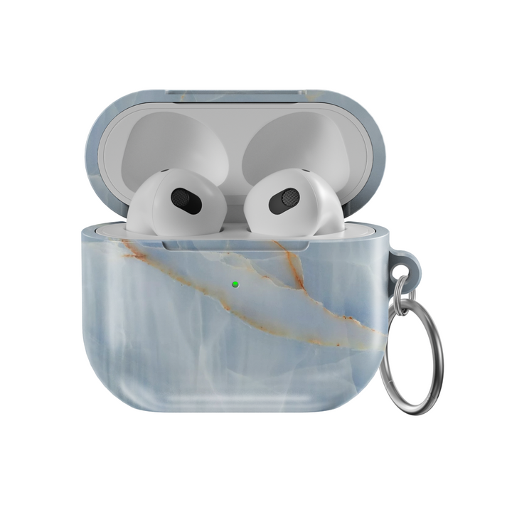 Light blue marble AirPods case with soft orange veining, sleek TPU protective cover, compatible with AirPods Pro and AirPods 1 2 3, includes keychain ring