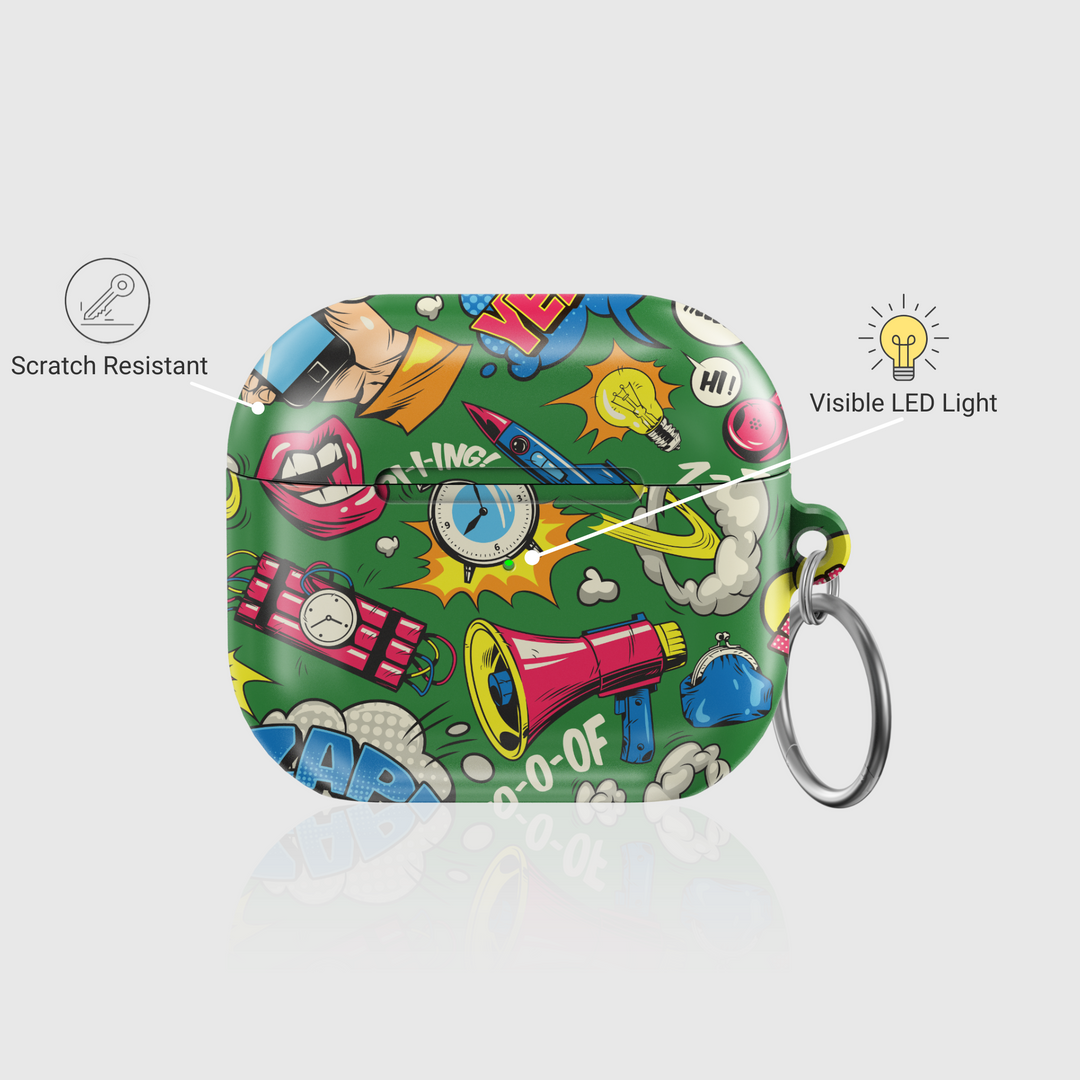 Funny green comic-style AirPods case with pop art boom, zap, and cartoon sound effect graphics, featuring megaphone and explosion icons, with keychain ring, fits AirPods Pro, 3, 2, and 1.