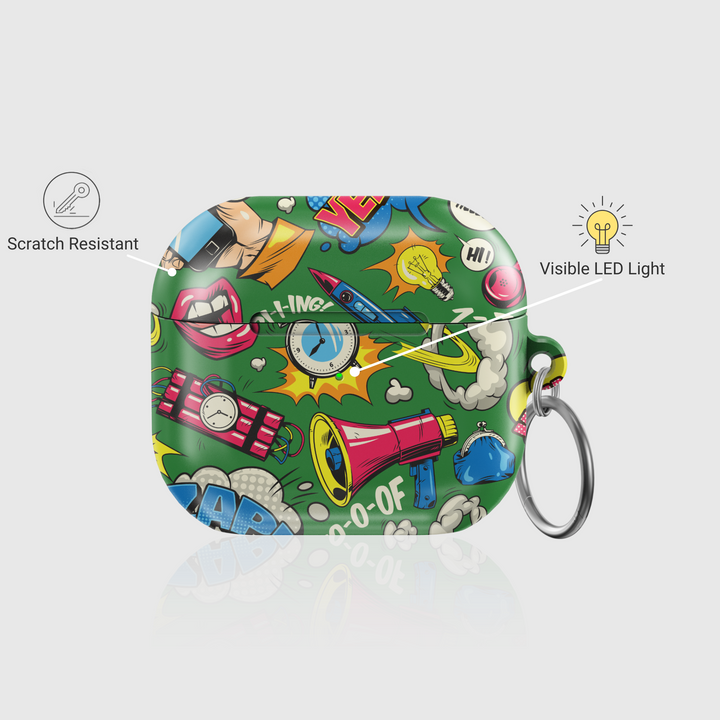 Funny green comic-style AirPods case with pop art boom, zap, and cartoon sound effect graphics, featuring megaphone and explosion icons, with keychain ring, fits AirPods Pro, 3, 2, and 1.