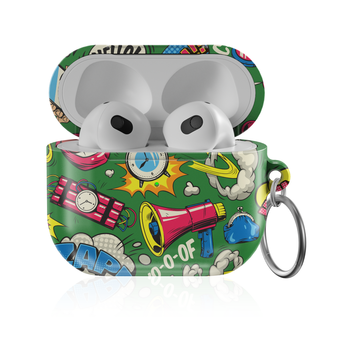 Funny green comic-style AirPods case with pop art boom, zap, and cartoon sound effect graphics, featuring megaphone and explosion icons, with keychain ring, fits AirPods Pro, 3, 2, and 1.