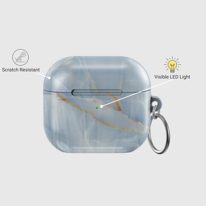 Light blue marble AirPods case with soft orange veining, sleek TPU protective cover, compatible with AirPods Pro and AirPods 1 2 3, includes keychain ring