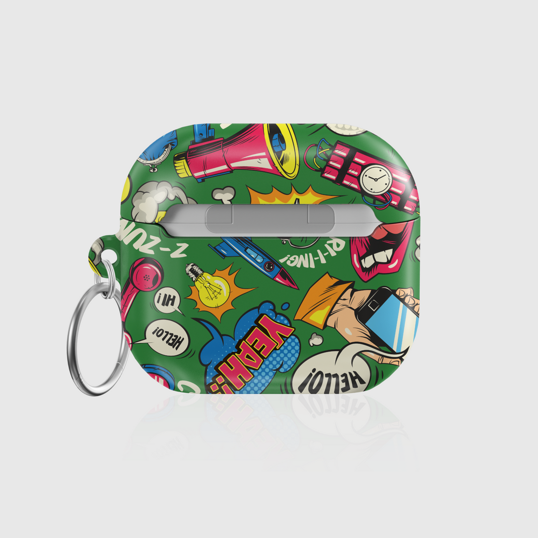Funny green comic-style AirPods case with pop art boom, zap, and cartoon sound effect graphics, featuring megaphone and explosion icons, with keychain ring, fits AirPods Pro, 3, 2, and 1.