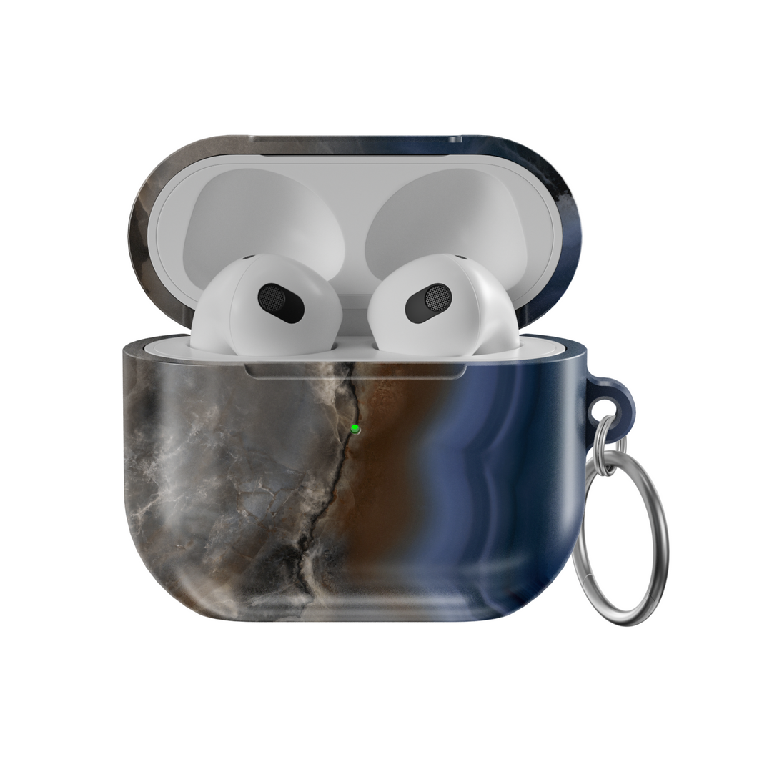 Marble pattern AirPods case with blue and orange stone texture, durable TPU cover with keychain ring, compatible with AirPods Pro and AirPods 1st 2nd 3rd generation
