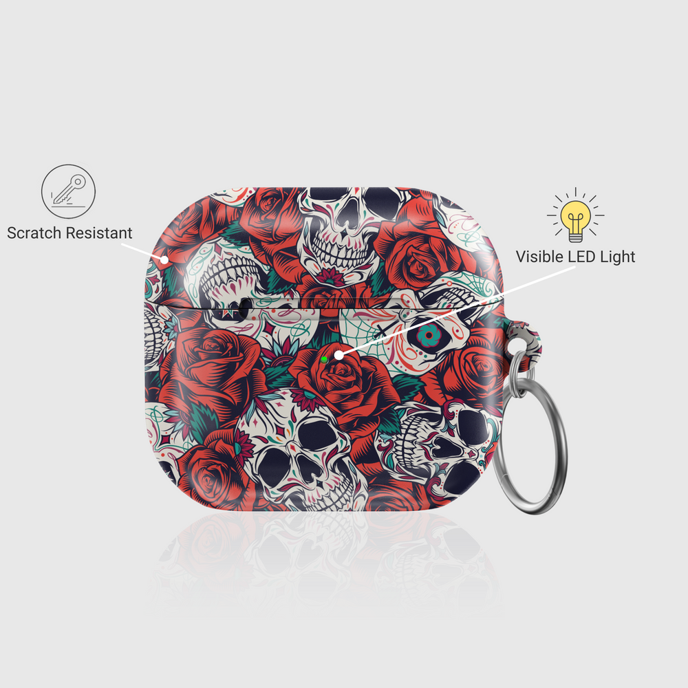 Gothic skull and red rose printed AirPods case with keychain, tattoo-style floral design on a dark background, compatible with AirPods Pro, 3, 2, and 1.