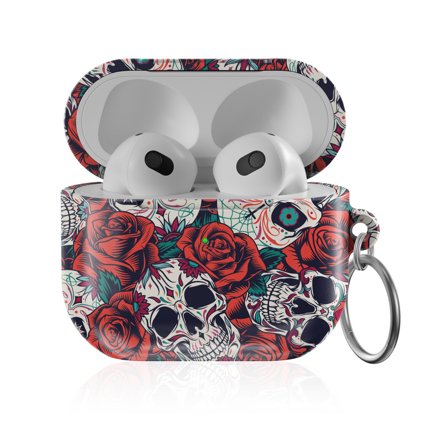 Gothic skull and red rose printed AirPods case with keychain, tattoo-style floral design on a dark background, compatible with AirPods Pro, 3, 2, and 1.