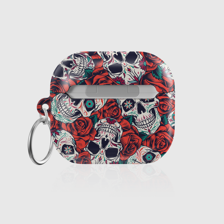 Gothic skull and red rose printed AirPods case with keychain, tattoo-style floral design on a dark background, compatible with AirPods Pro, 3, 2, and 1.