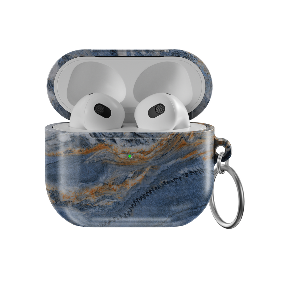 Marble pattern AirPods case with blue and orange stone texture, durable TPU cover with keychain ring, compatible with AirPods Pro and AirPods 1st 2nd 3rd generation