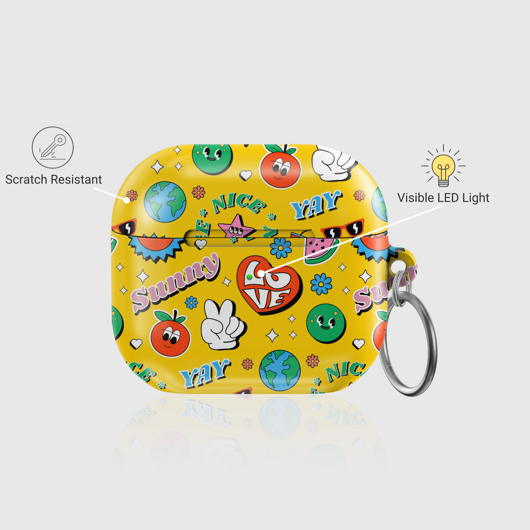 Yellow AirPods case with fun retro doodle art including smiley faces, peace sign, love heart, globe, and sunny text, featuring a glossy finish and metal keychain ring. Fits AirPods Pro, 3, 2, and 1 models.