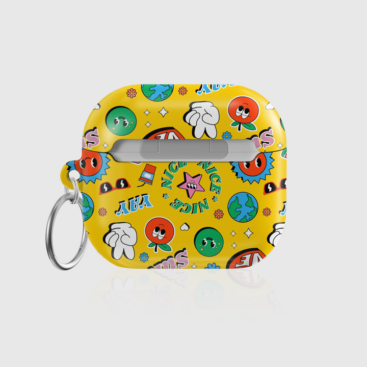 Yellow AirPods case with fun retro doodle art including smiley faces, peace sign, love heart, globe, and sunny text, featuring a glossy finish and metal keychain ring. Fits AirPods Pro, 3, 2, and 1 models.