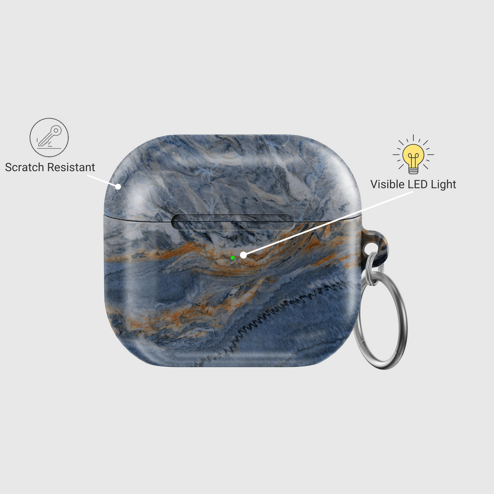 Marble pattern AirPods case with blue and orange stone texture, durable TPU cover with keychain ring, compatible with AirPods Pro and AirPods 1st 2nd 3rd generation