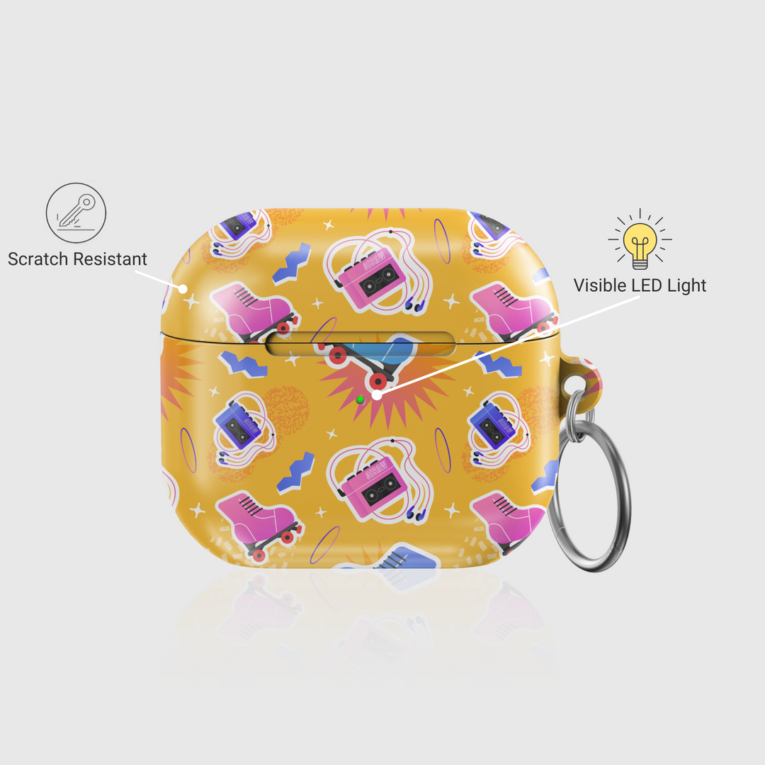 Retro Roller Skate AirPods Case Cover | 90s Music Cassette Tape AirPods Pro Case for Girls | Yellow Funky Vintage Protective Cover with Keychain | Cute Pop Art Style for AirPods 3, Pro, and Gen 1 & 2