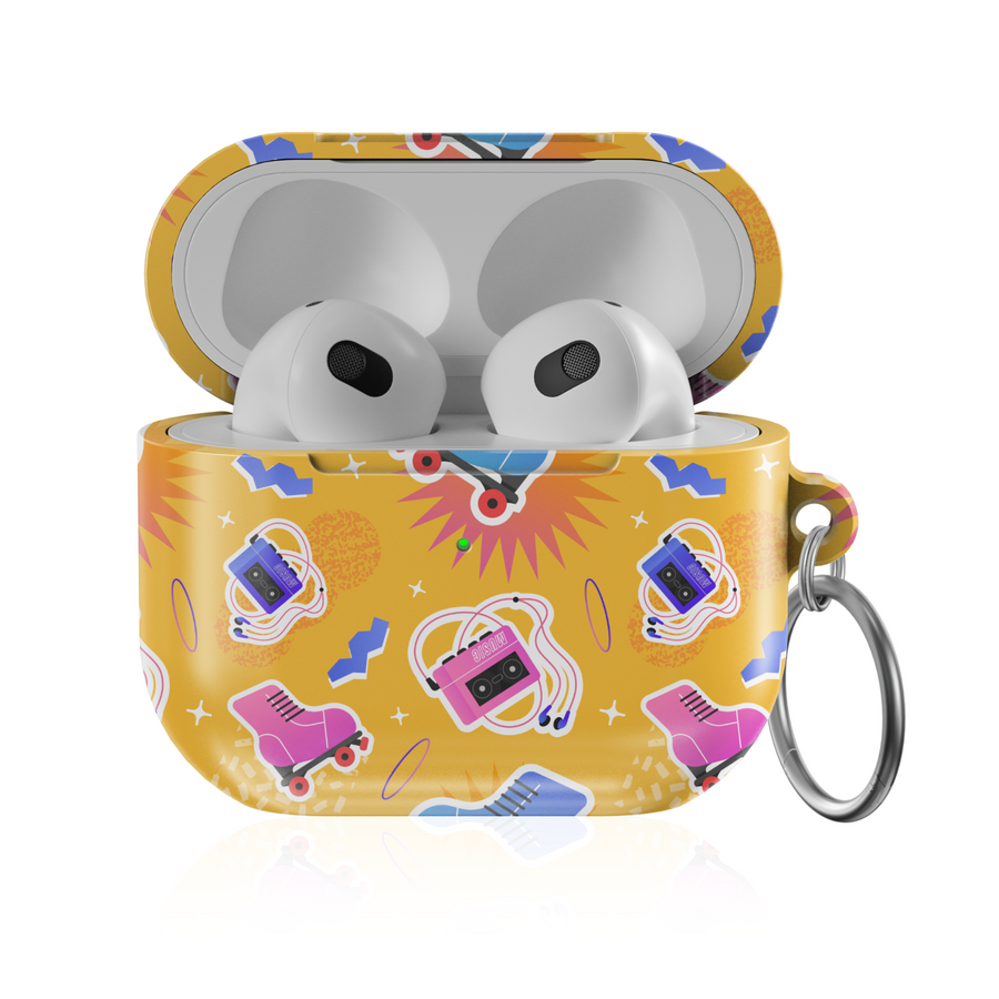 Retro Roller Skate AirPods Case Cover | 90s Music Cassette Tape AirPods Pro Case for Girls | Yellow Funky Vintage Protective Cover with Keychain | Cute Pop Art Style for AirPods 3, Pro, and Gen 1 & 2