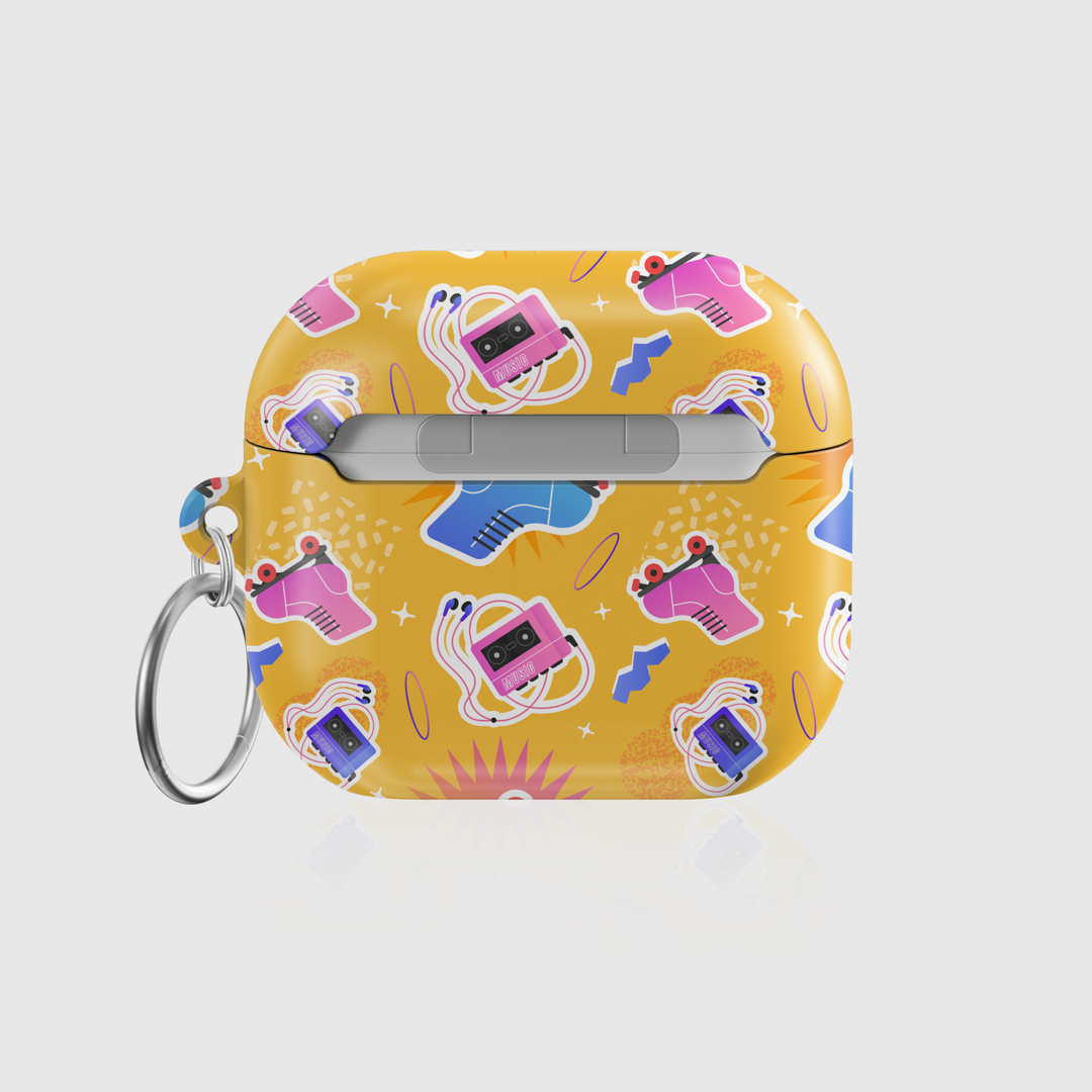 Retro Roller Skate AirPods Case Cover | 90s Music Cassette Tape AirPods Pro Case for Girls | Yellow Funky Vintage Protective Cover with Keychain | Cute Pop Art Style for AirPods 3, Pro, and Gen 1 & 2