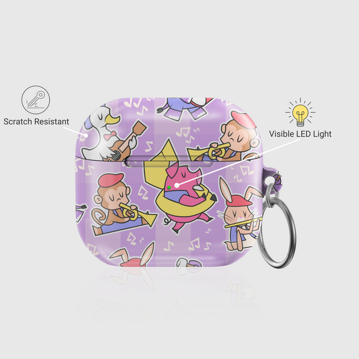 AirPods case with cartoon animals playing musical instruments on a light purple background; includes pig with tuba, monkey with trumpet, and bunny with flute.