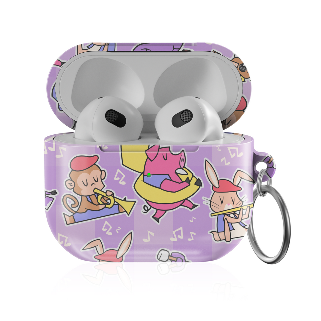 AirPods case with cartoon animals playing musical instruments on a light purple background; includes pig with tuba, monkey with trumpet, and bunny with flute.