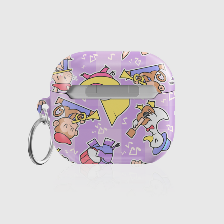 AirPods case with cartoon animals playing musical instruments on a light purple background; includes pig with tuba, monkey with trumpet, and bunny with flute.