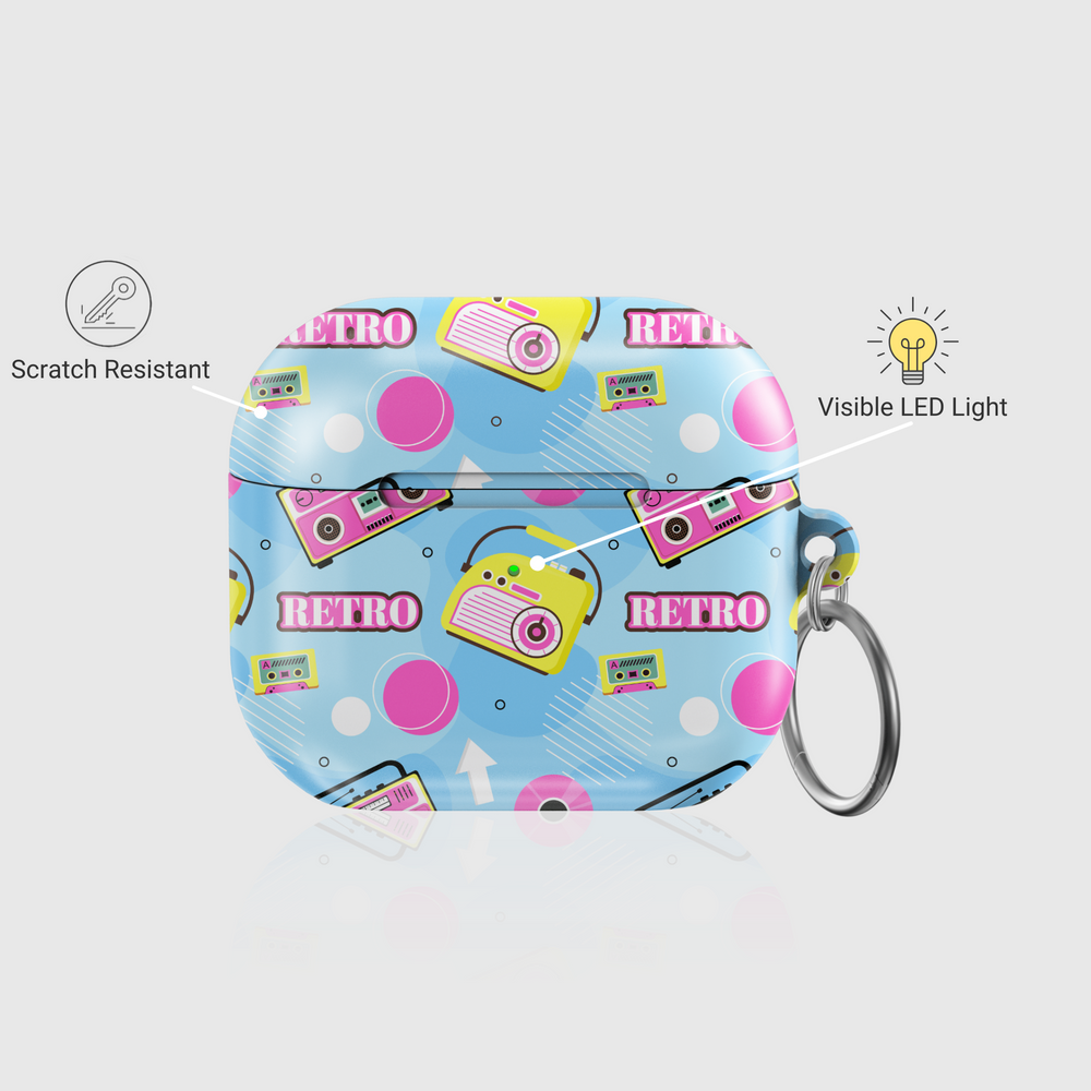 AirPods case with colorful retro music design featuring boomboxes, cassette tapes, and vibrant 90s elements on a light blue background.