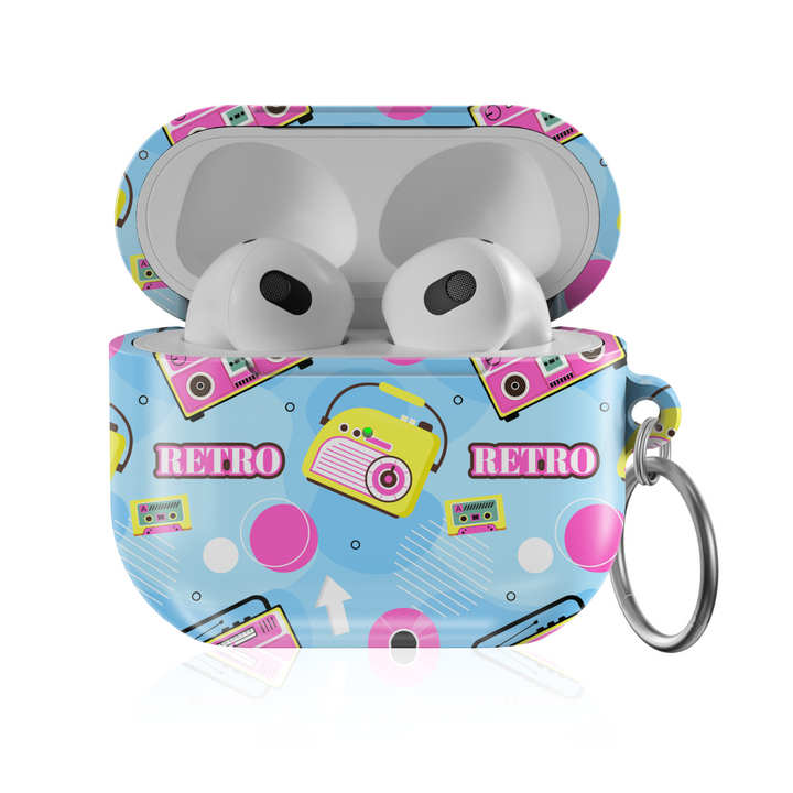 AirPods case with colorful retro music design featuring boomboxes, cassette tapes, and vibrant 90s elements on a light blue background.