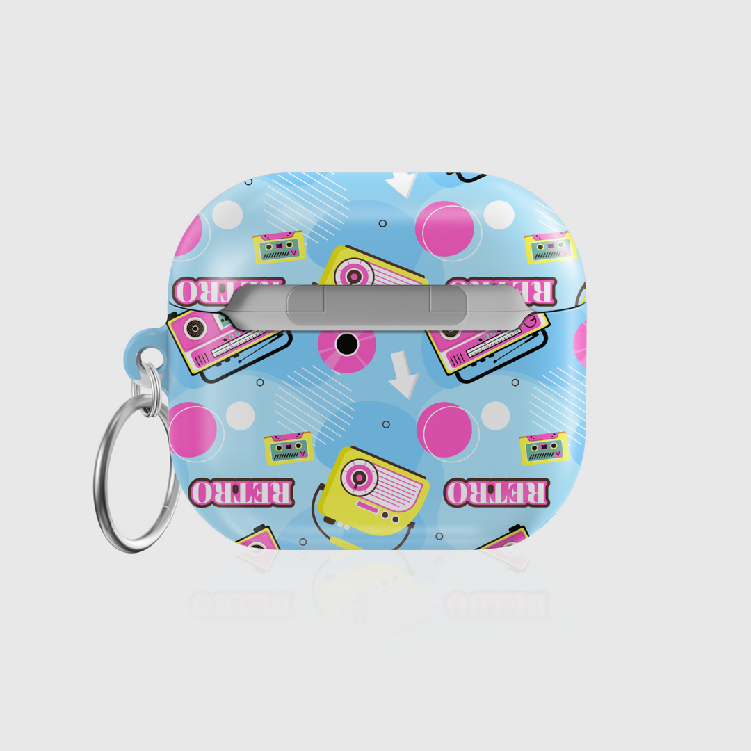 AirPods case with colorful retro music design featuring boomboxes, cassette tapes, and vibrant 90s elements on a light blue background.