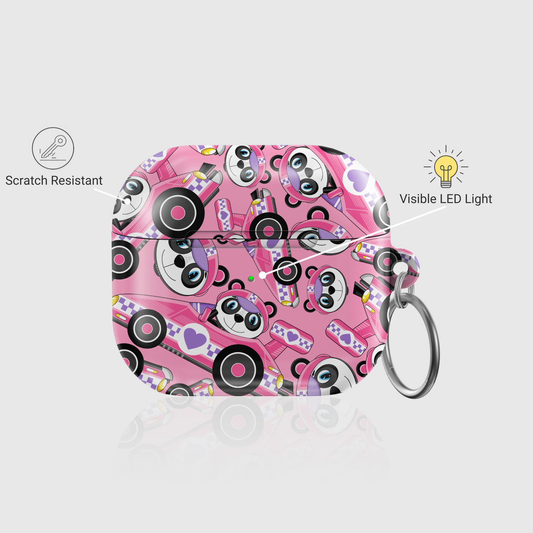 Cute pink AirPods case featuring racing panda characters with headphones and music symbols, playful design with keychain ring for easy carry.