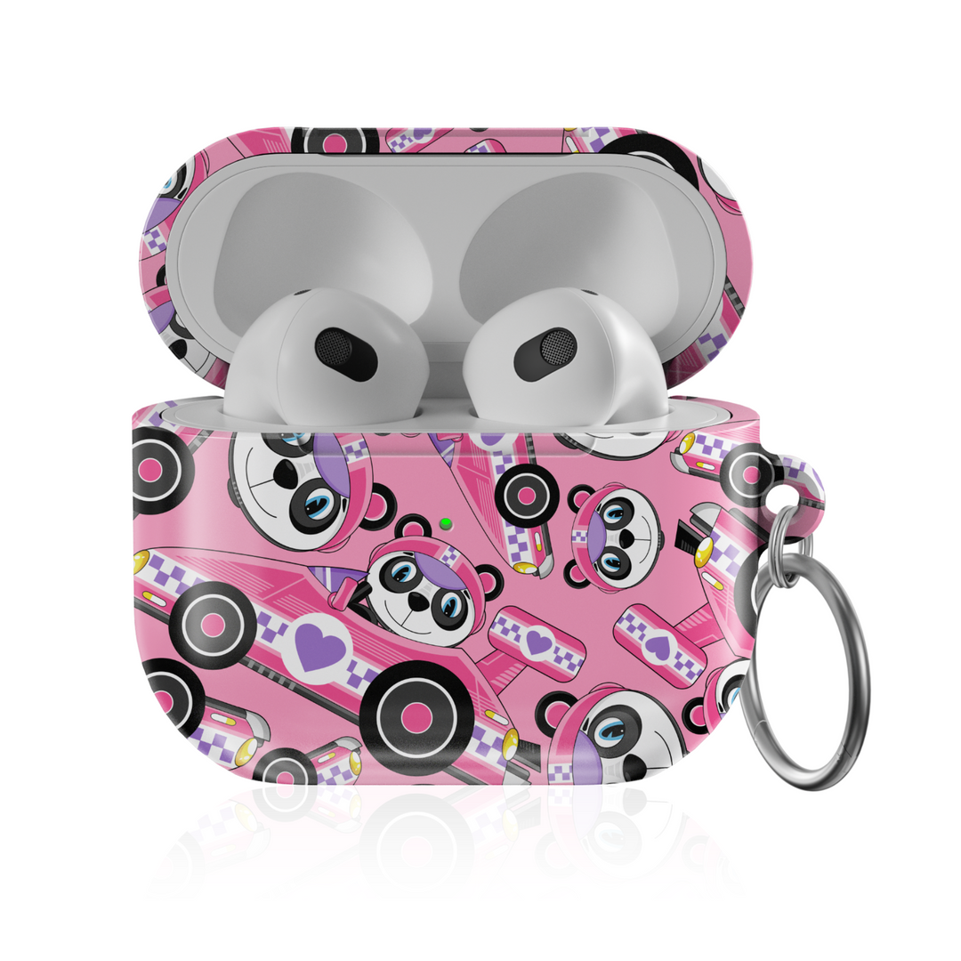 Cute pink AirPods case featuring racing panda characters with headphones and music symbols, playful design with keychain ring for easy carry.