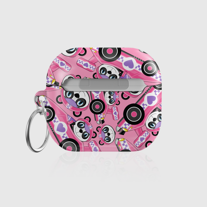 Cute pink AirPods case featuring racing panda characters with headphones and music symbols, playful design with keychain ring for easy carry.