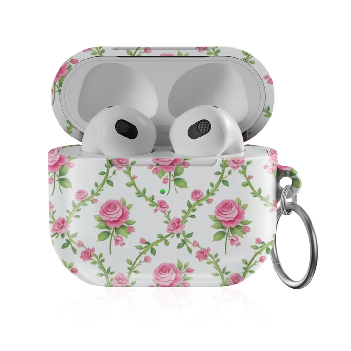 White AirPods case with delicate pink rose vine pattern and keychain ring—vintage floral accessory for stylish music lovers.