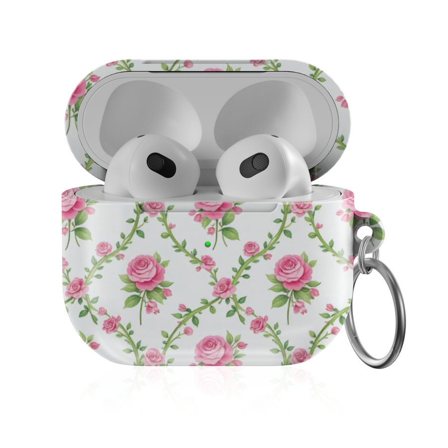 White AirPods case with delicate pink rose vine pattern and keychain ring—vintage floral accessory for stylish music lovers.