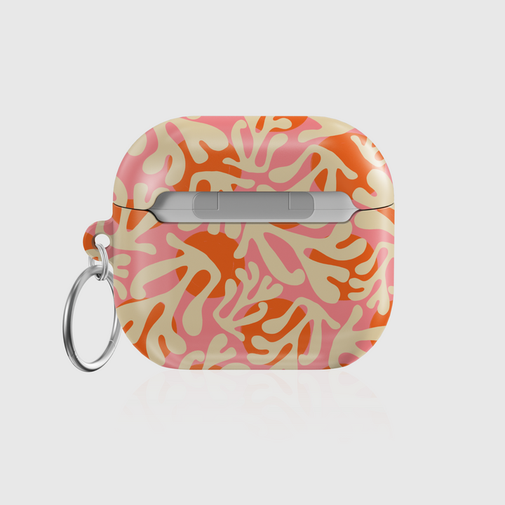 Tropical coral reef patterned AirPods case in peach, pink, and orange tones with keychain clip – compatible with AirPods 3rd Gen.