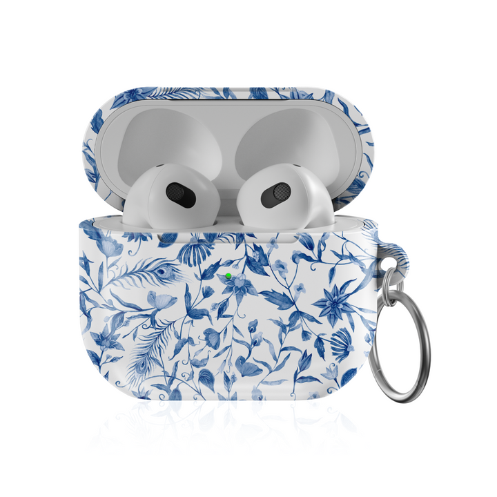 Blue floral patterned AirPods case with glossy finish and attached silver keychain ring