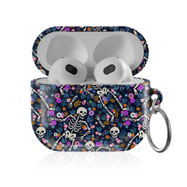 Navy Skeleton Floral AirPods Case – Halloween Protective Cover with Skeletons and Colorful Flowers for AirPods Pro, Pro 2, and AirPods 3rd Gen