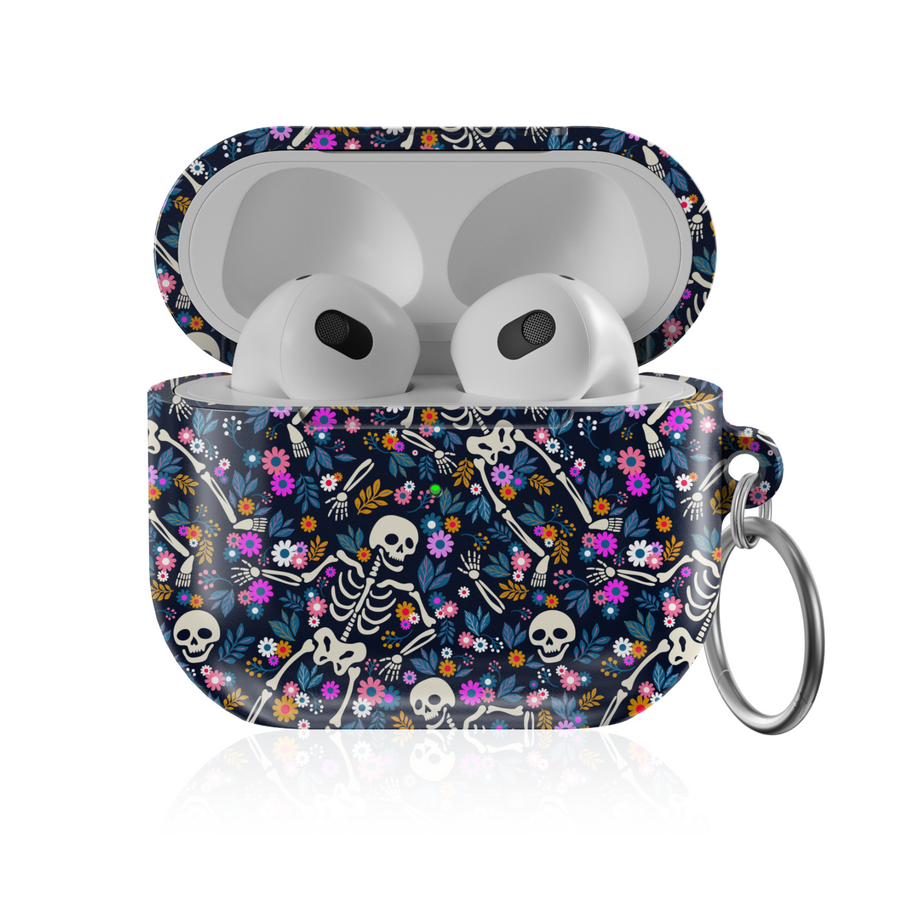Navy Skeleton Floral AirPods Case – Halloween Protective Cover with Skeletons and Colorful Flowers for AirPods Pro, Pro 2, and AirPods 3rd Gen