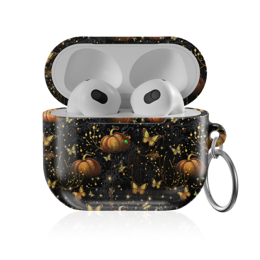 Black AirPods Case with Golden Pumpkins and Butterflies – Elegant Autumn Protective Cover for AirPods Pro, Pro 2, and AirPods 3rd Gen