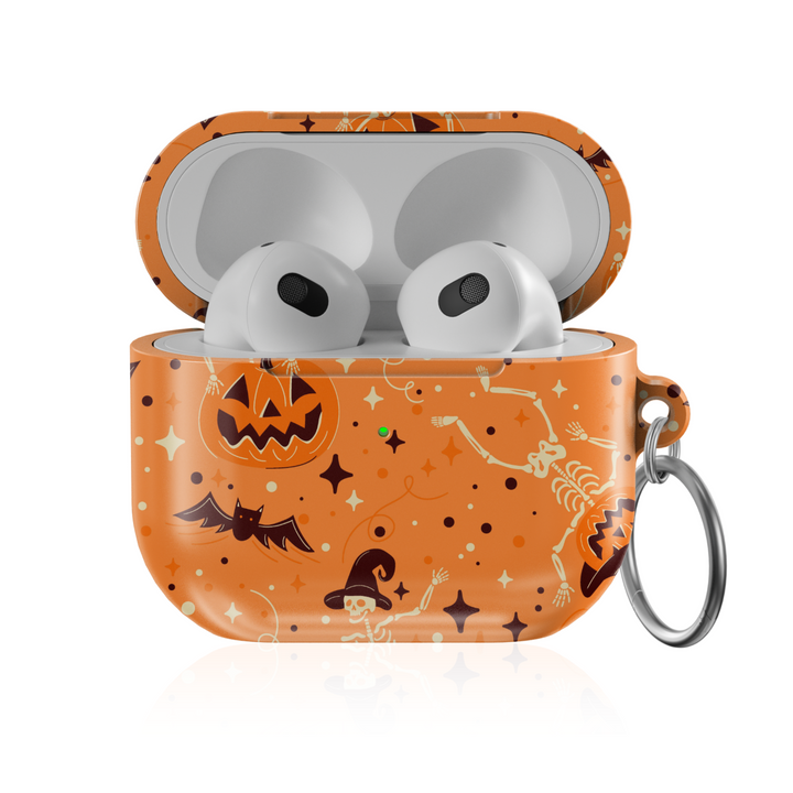 Orange Halloween AirPods case cover with pumpkin faces, bats, skeletons, and spooky design – fits AirPods Pro, AirPods 3rd Gen, and AirPods 1/