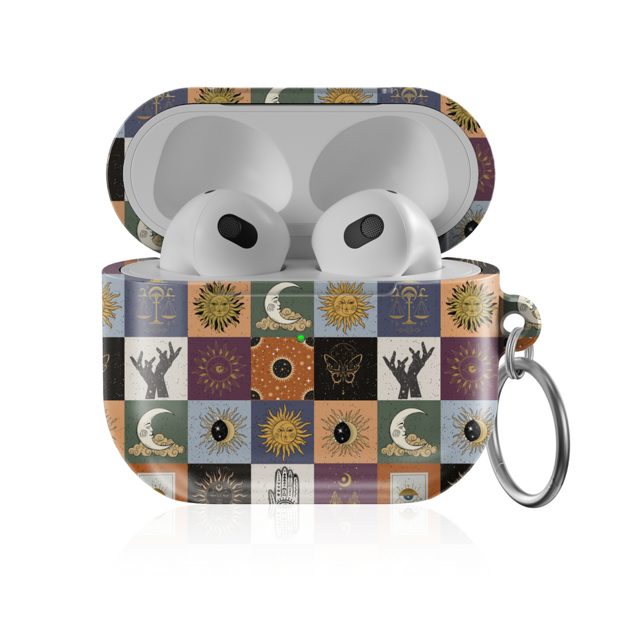 Mystic Checkerboard AirPods Case – Sun Moon Stars Celestial Witchy Pattern Protective Cover for AirPods Pro, Pro 2, and AirPods 3