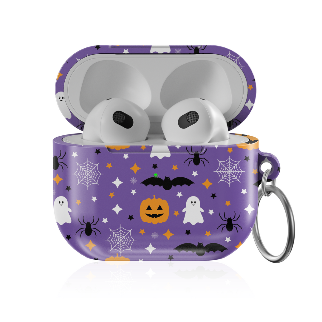Purple AirPods case with pumpkins, bats, ghosts, and spider web Halloween pattern