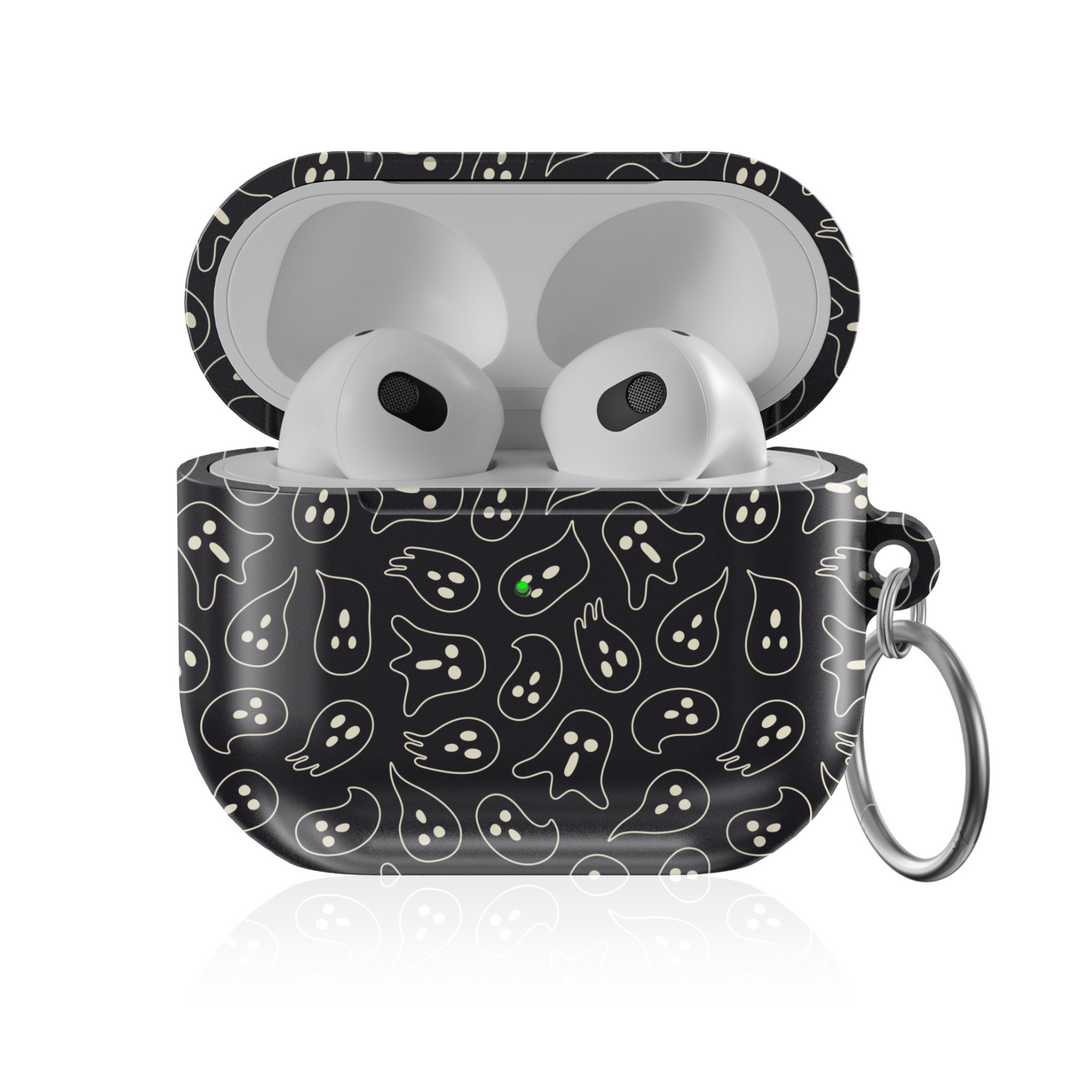 Black AirPods case with cream ghost doodle pattern, spooky Halloween AirPods cover