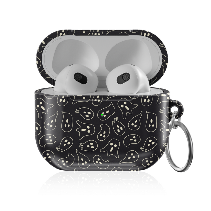 Black AirPods case with cream ghost doodle pattern, spooky Halloween AirPods cover