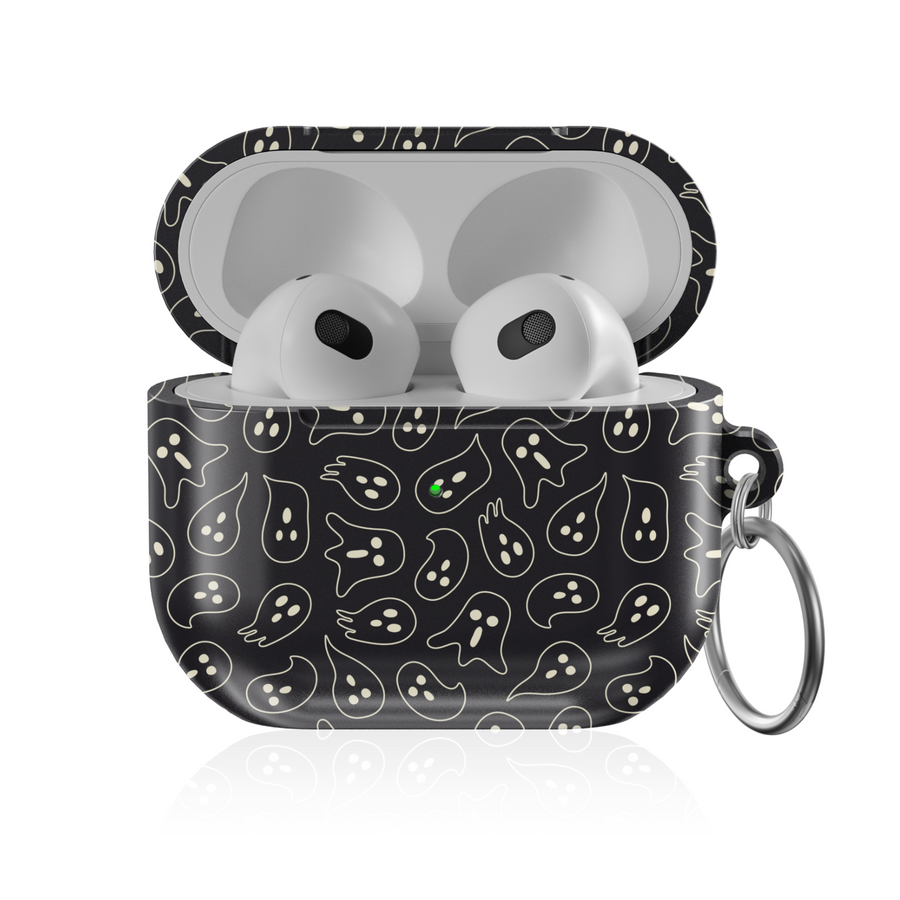 Black AirPods case with cream ghost doodle pattern, spooky Halloween AirPods cover