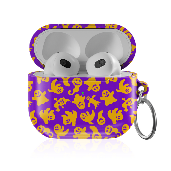 Purple Halloween AirPods case with yellow ghost pattern and keychain, spooky cute protective cover.