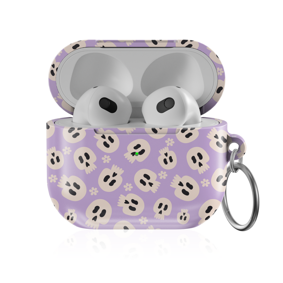 Dark purple AirPods case with black ghost, bat, and spider web Halloween pattern