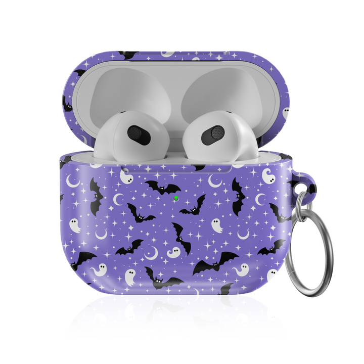 Purple Halloween AirPods case with bats, ghosts, moons, and stars pattern, protective spooky AirPods Pro cover with keychain