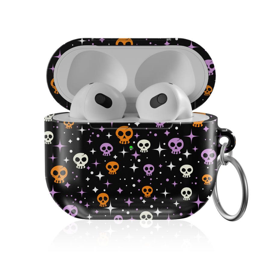 Black AirPods case with skeleton pumpkin pattern, Halloween dancing skeletons with jack-o’-lantern heads design, spooky protective cover.