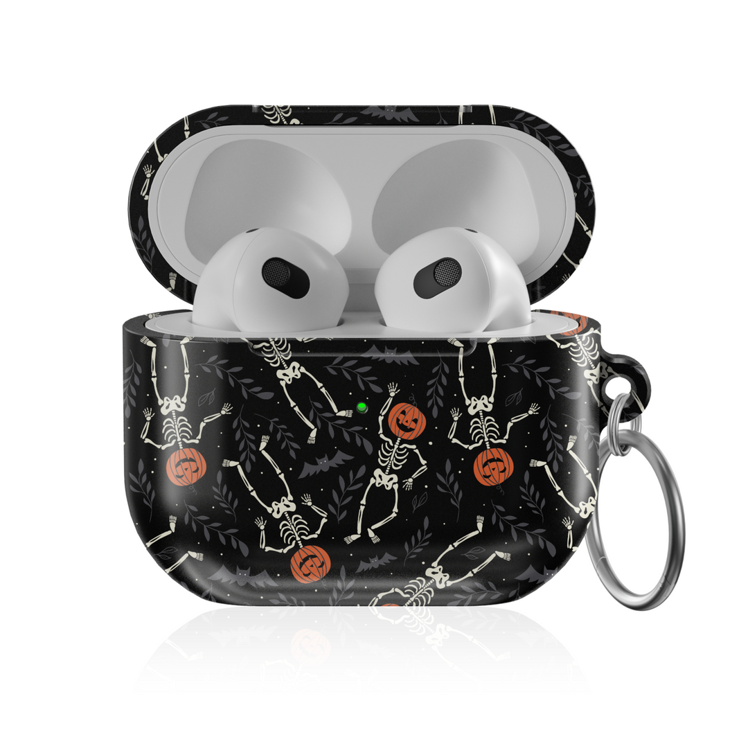Halloween AirPods case with skeleton pumpkin design on black background, spooky protective cover with keychain for AirPods Pro, AirPods 3rd Gen, and AirPods 2