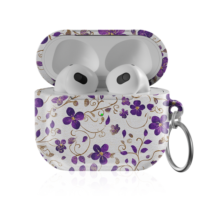 Purple Floral AirPods Case – Violet Flowers with Gold Accents Protective Cover for AirPods Pro, Pro 2, and AirPods 3