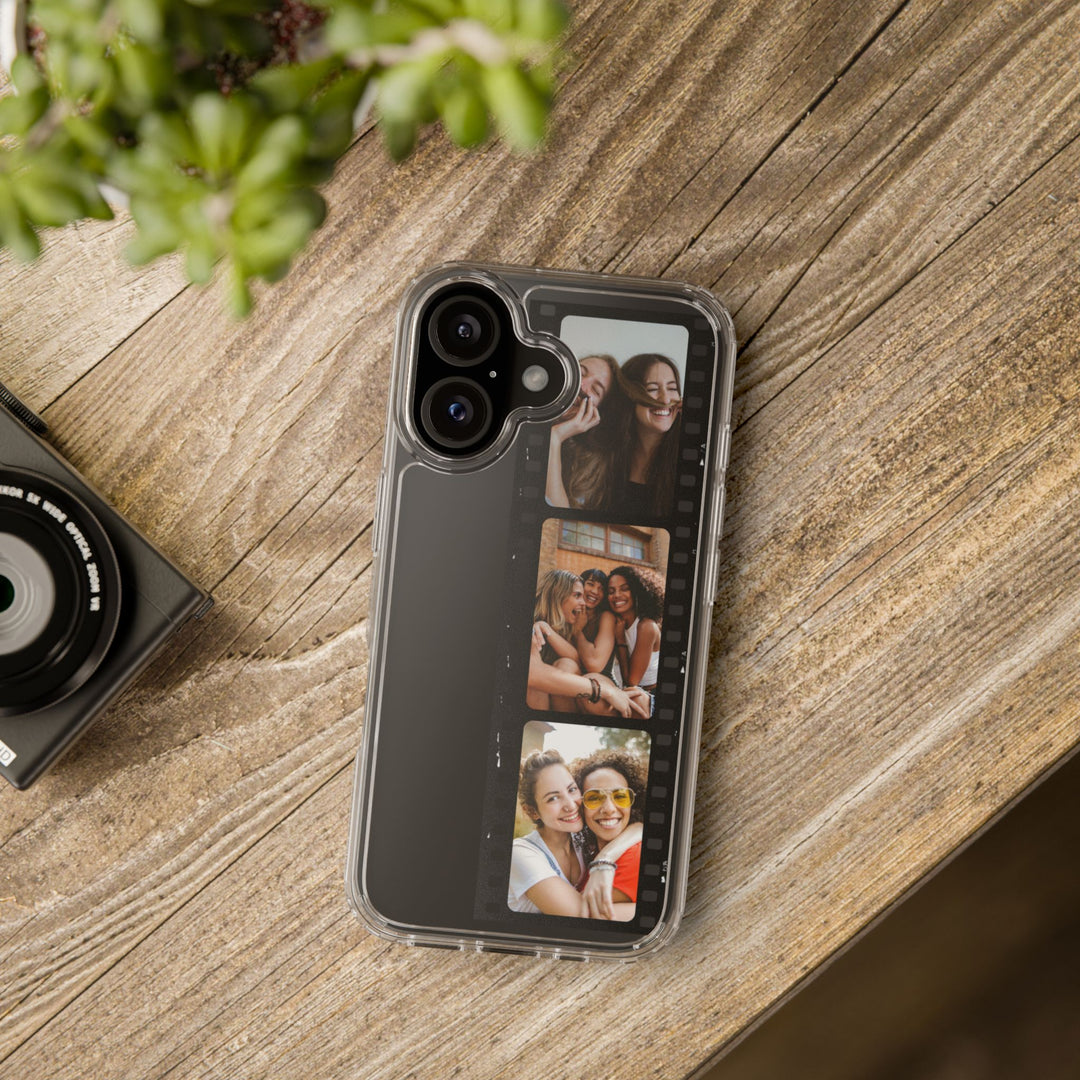 Personalized iPhone case with custom film strip photo design. Create a unique memory phone cover featuring your favorite pictures. Compatible with iPhone 15, 14, 13, 12 Pro Max.