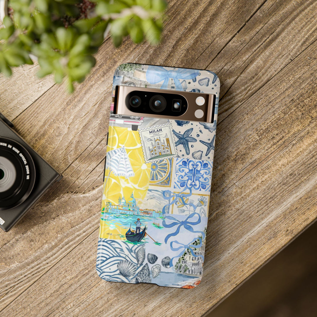 Google Pixel phone case with aesthetic collage of coastal elements including blue bow, lobster, hydrangea, lemon, ice cream, and seashells