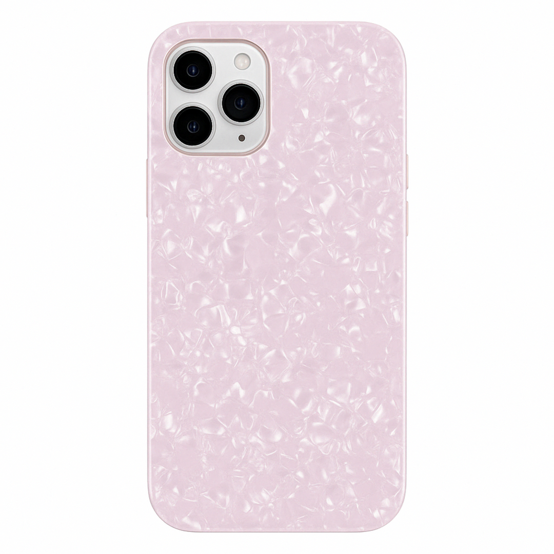 Glossy pearl pink iPhone case with a luxurious shimmer shell texture, designed for a stylish and protective fit.