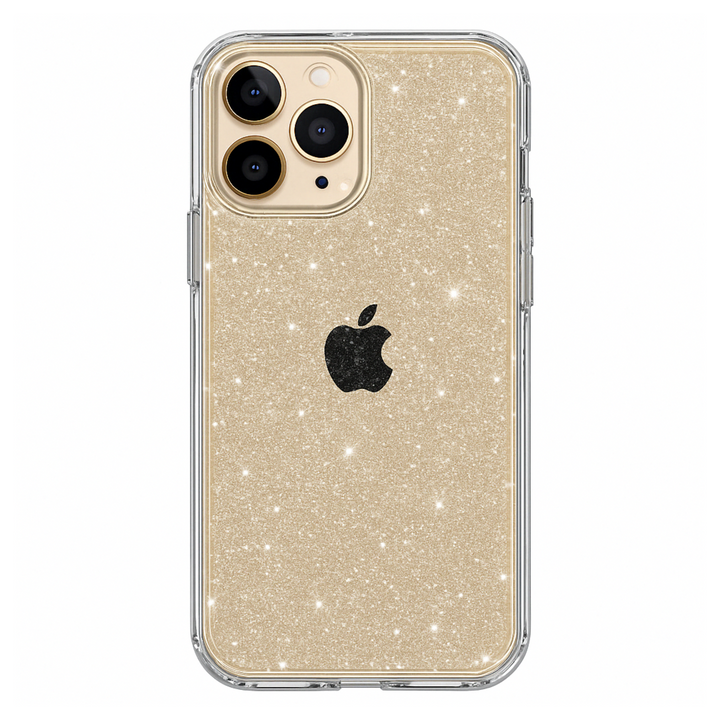 Clear heavy-duty iPhone case with golden glitter hard shell and shockproof bumper edges